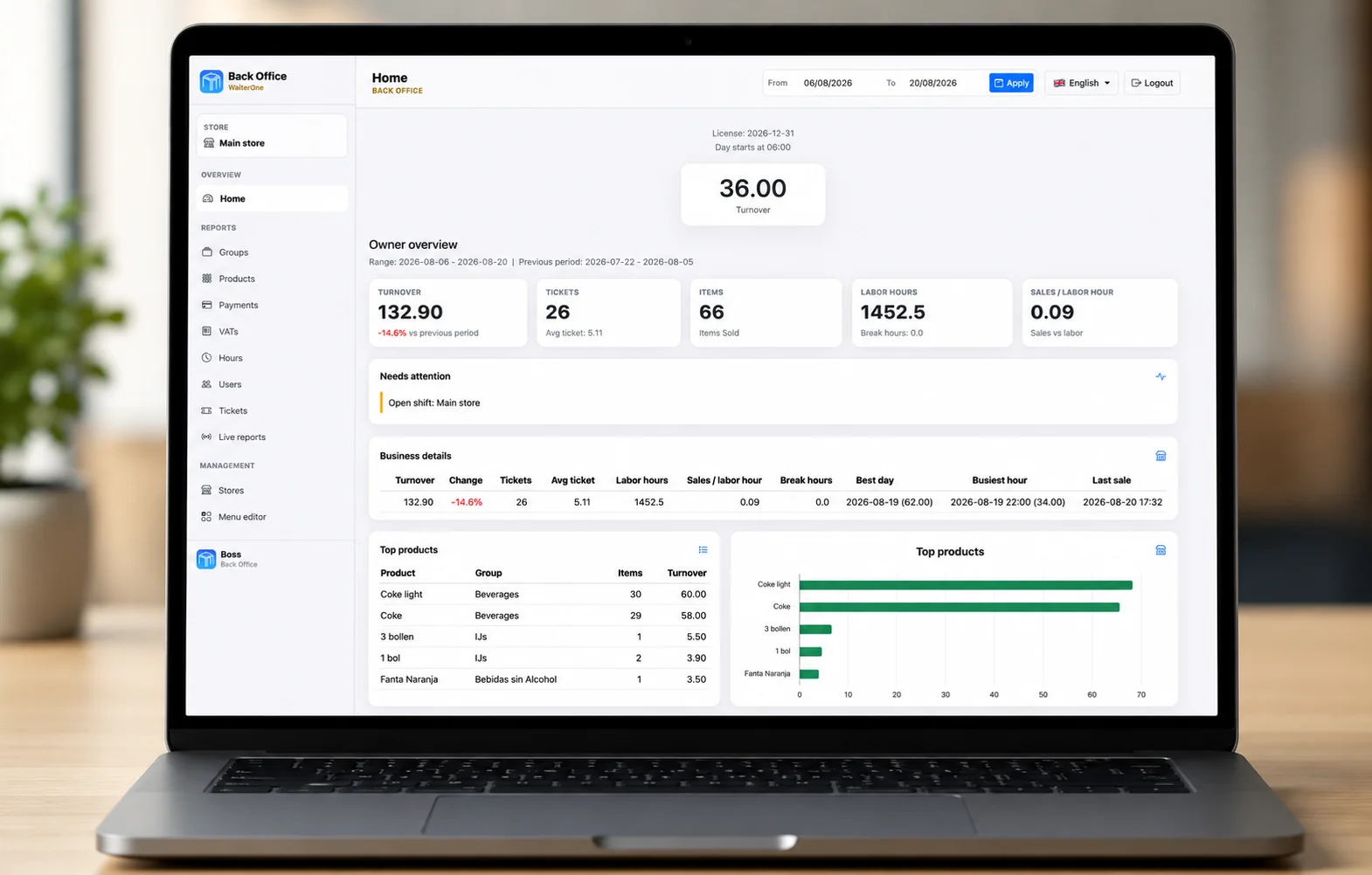 WaiterOne online dashboard displayed on a laptop