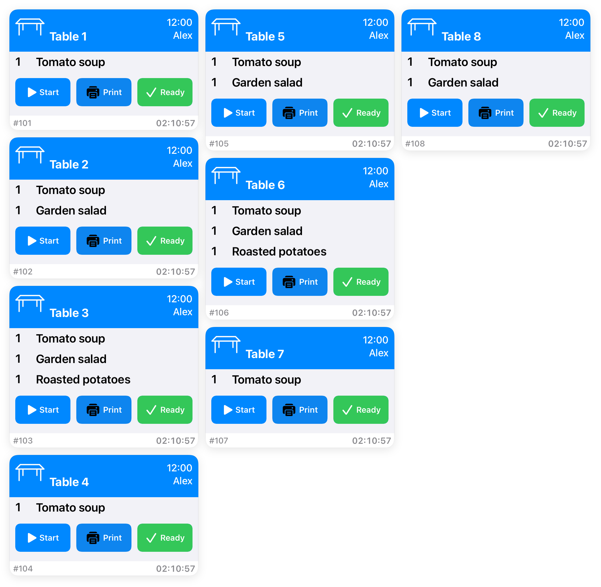Example ticket area with stacking enabled: eight short tickets fit into three columns.