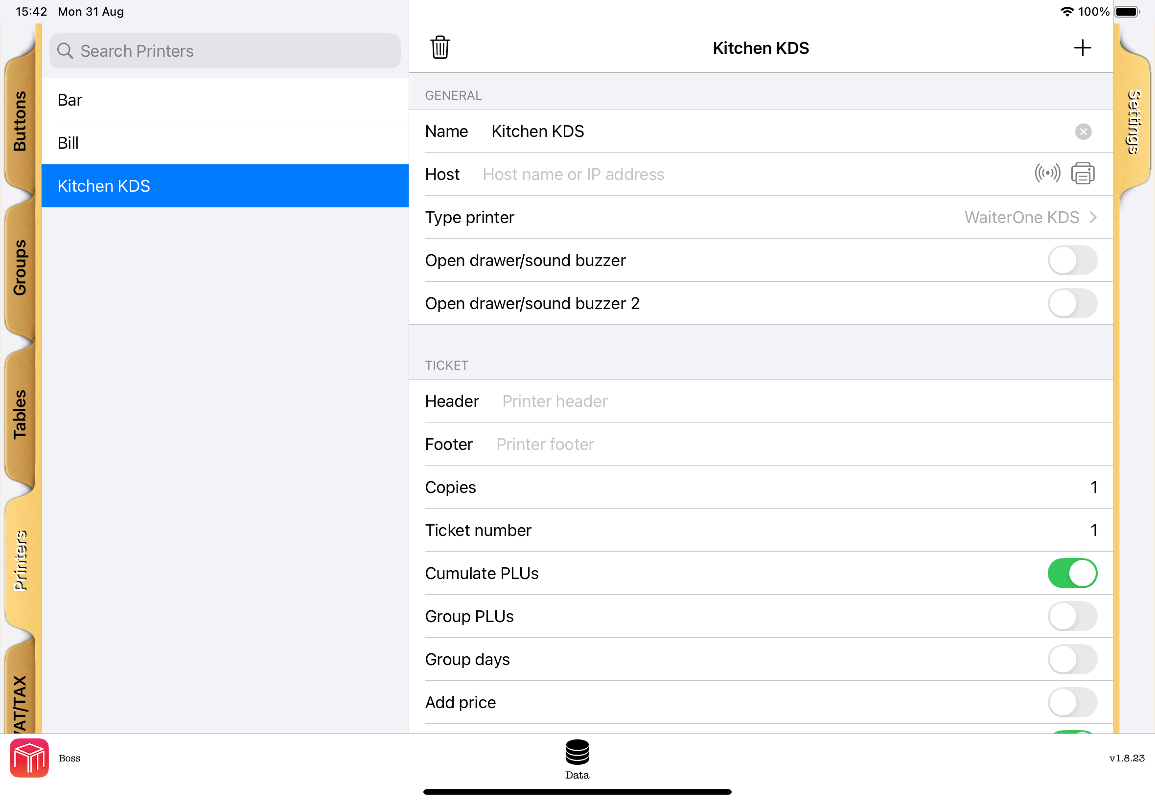 WaiterOne: choose WaiterOne KDS as Type printer, then use the radio-wave button beside Host.