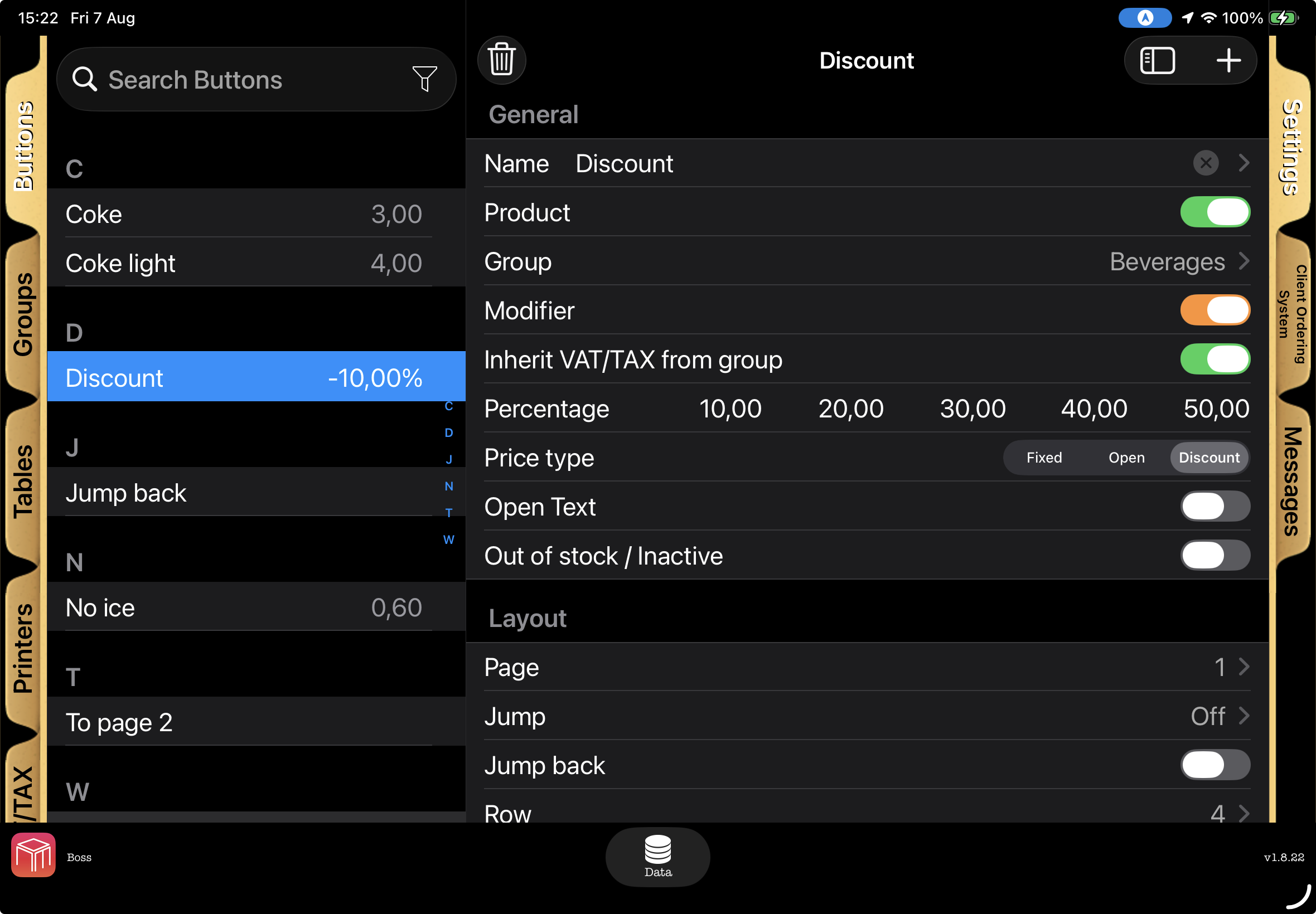 WaiterOne button settings for a Discount modifier with five price-level percentages