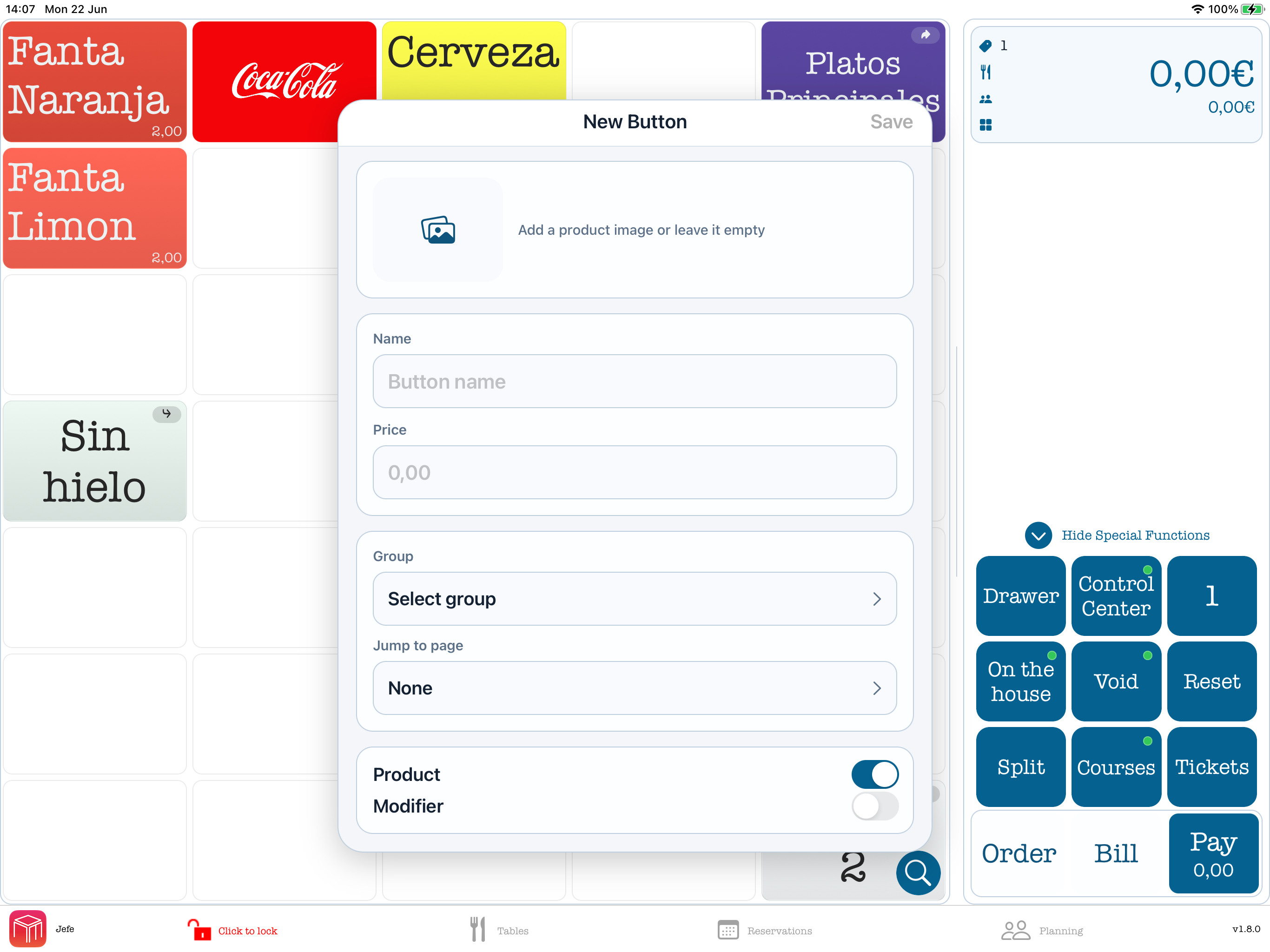 WaiterOne POS new button form opened by double-clicking an empty page space