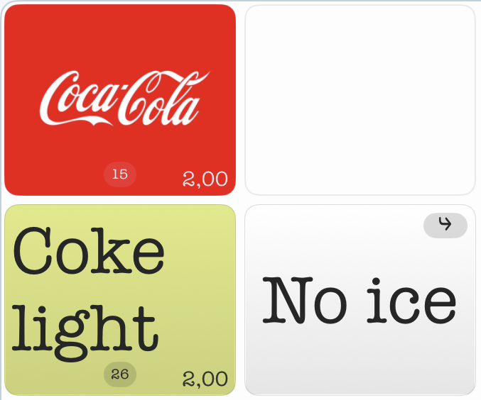 WaiterOne POS product buttons showing remaining stock quantity badges for Coke and Coke light