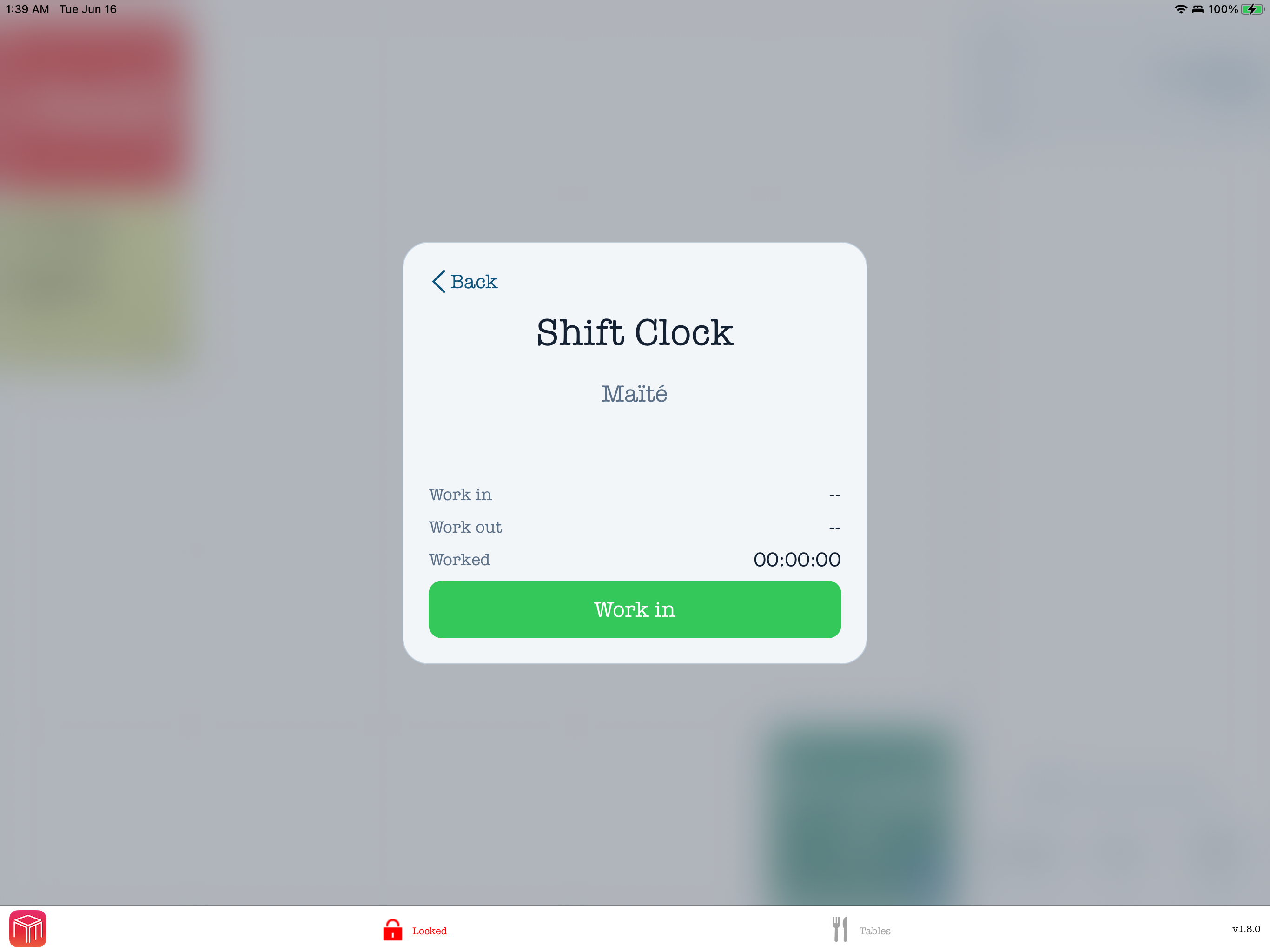 Schermata Shift Clock WaiterOne POS per registrare Work In e Work Out del personale