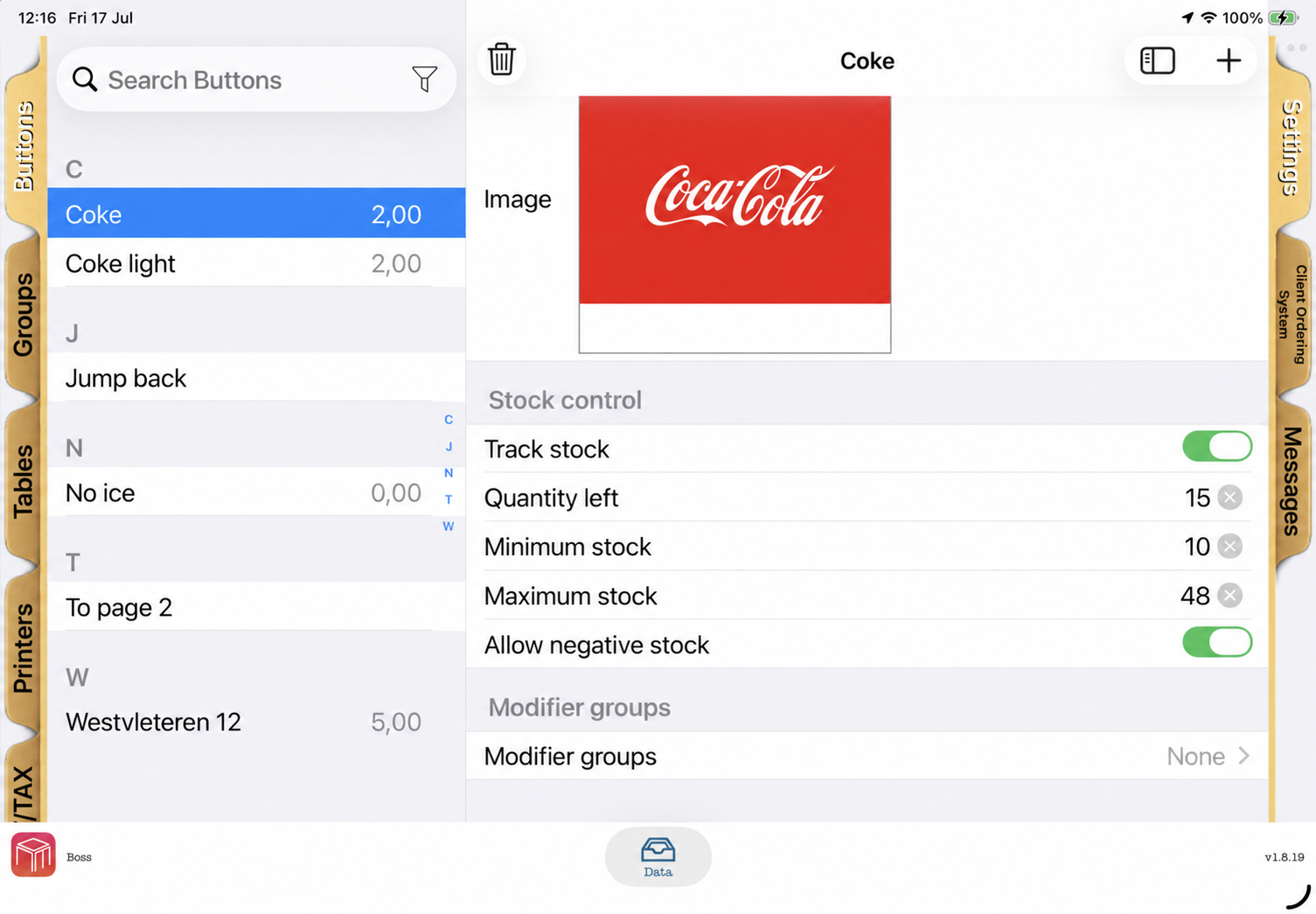 WaiterOne POS product stock control settings showing quantity left, minimum stock, maximum stock and allow negative stock