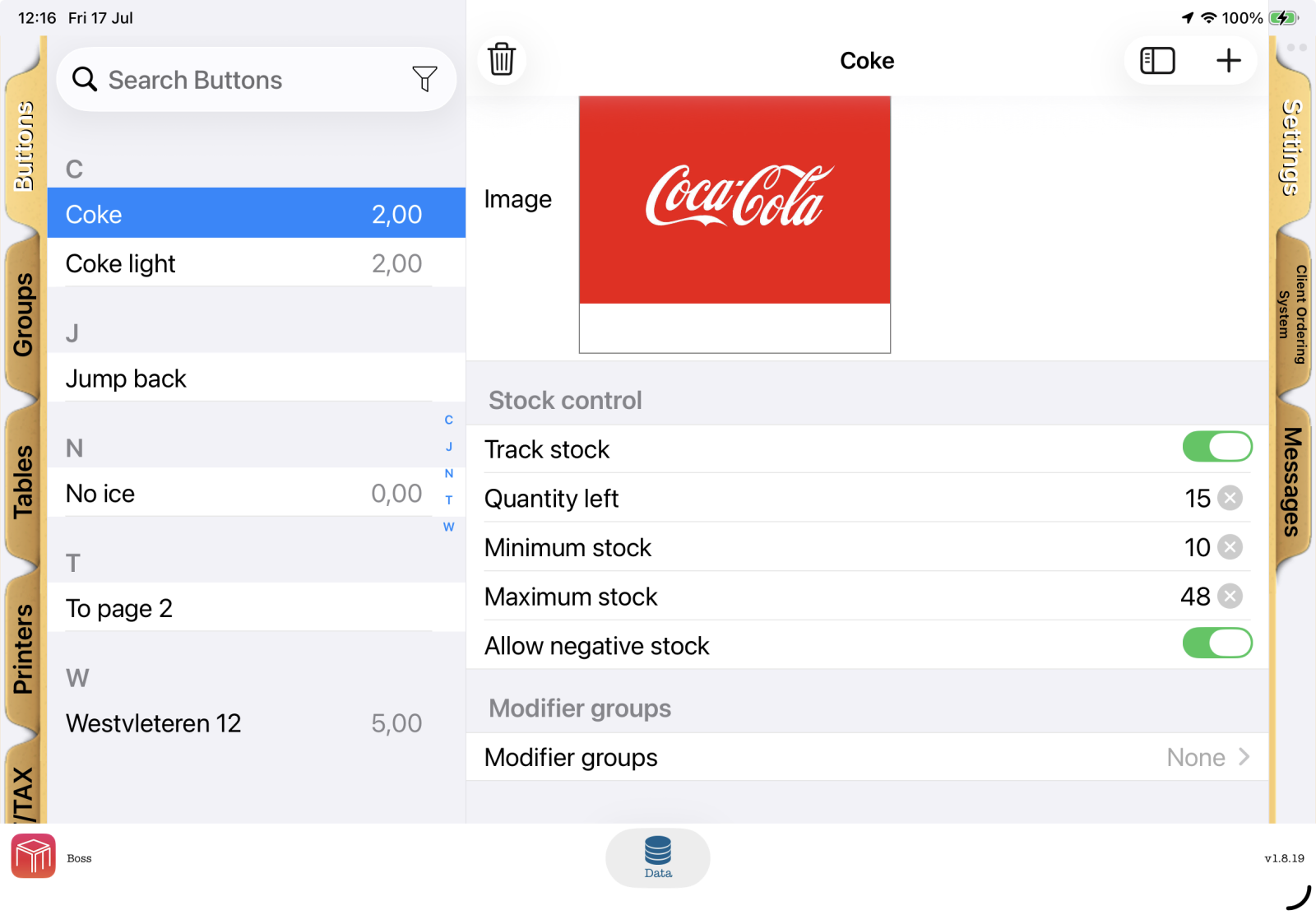 WaiterOne POS product stock control settings showing quantity left, minimum stock, maximum stock and allow negative stock