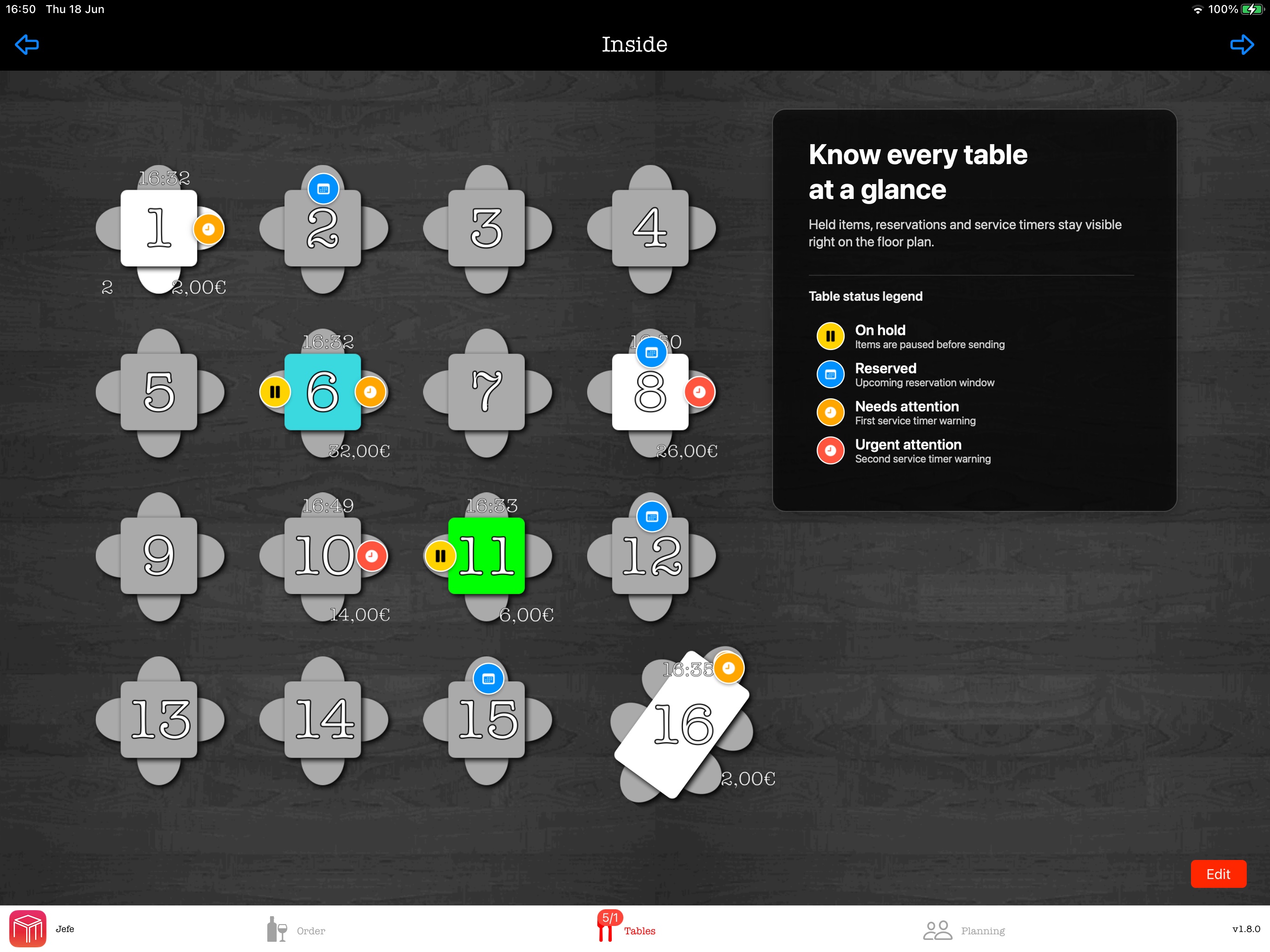 WaiterOne POS floorplan table status legend for on hold reserved needs attention and urgent attention