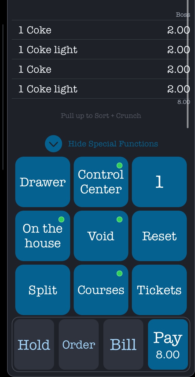 Schermata ticket WaiterOne POS con Pull up to Sort and Crunch, Special Functions e pulsanti Hold Order Bill Pay