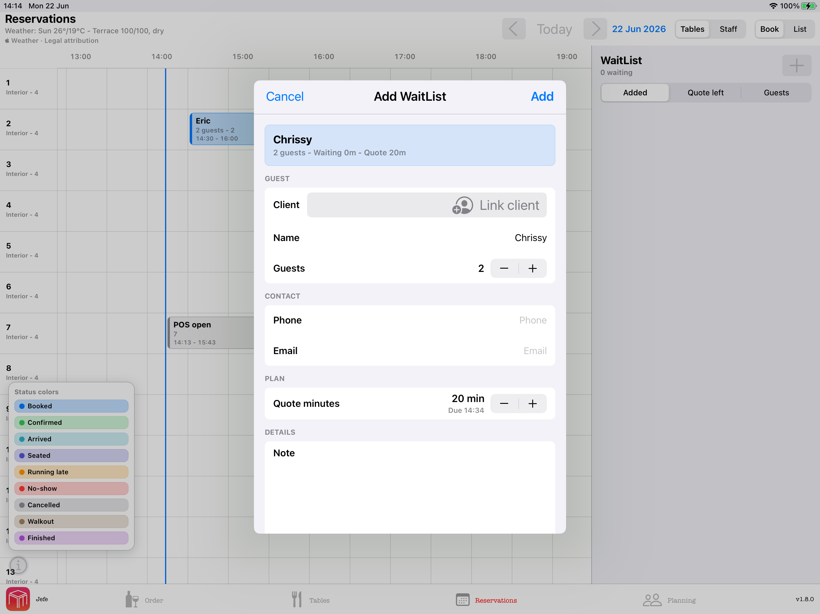 WaiterOne reservations screen adding a waitlist guest with quote minutes and client link