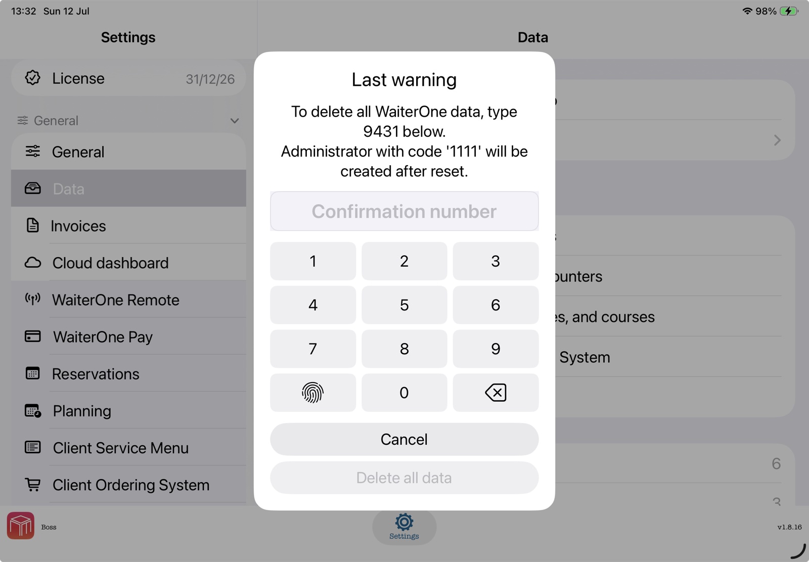 Confirmation de réinitialisation des données WaiterOne avec avertissement, numéro, pavé numérique et Touch ID