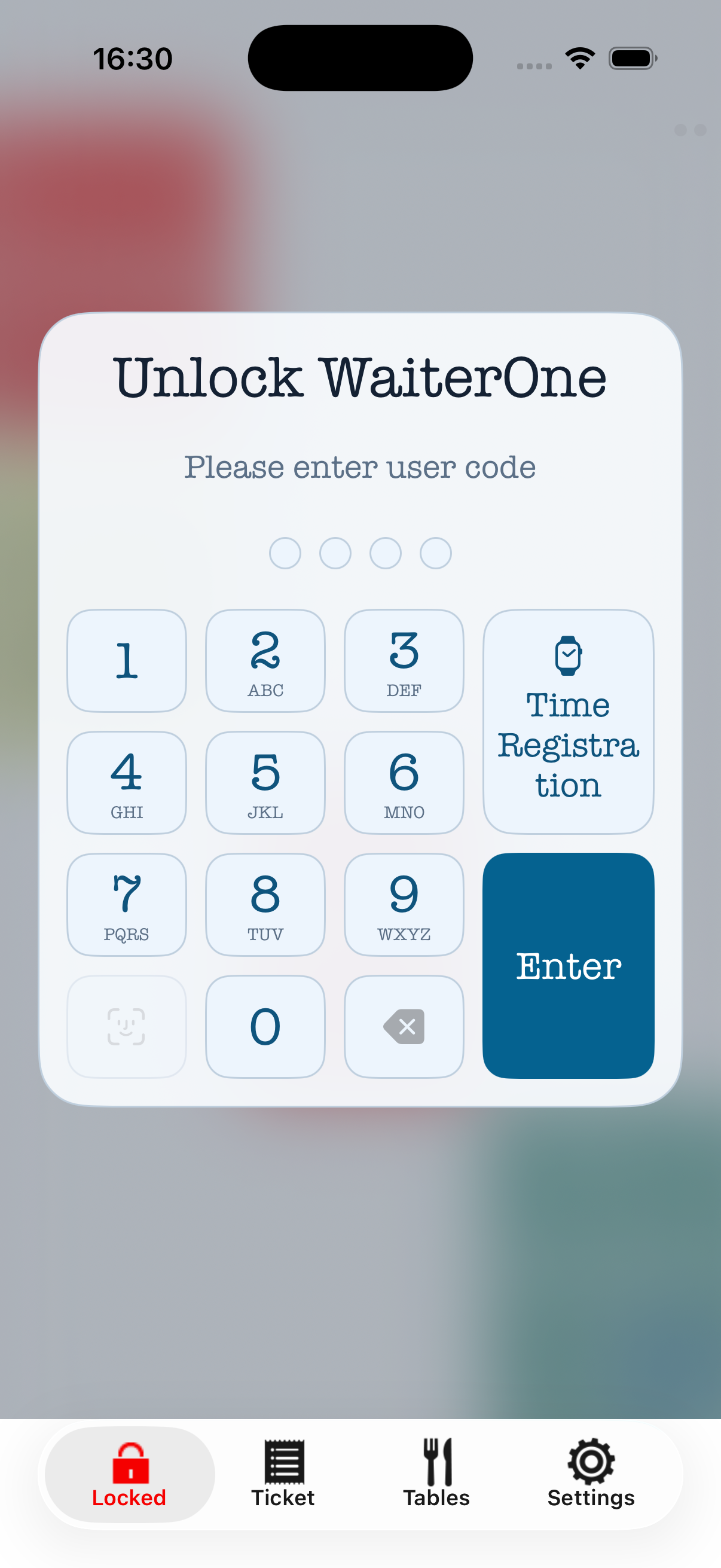 Remote's locked iPhone screen with staff-code keypad and Time Registration.