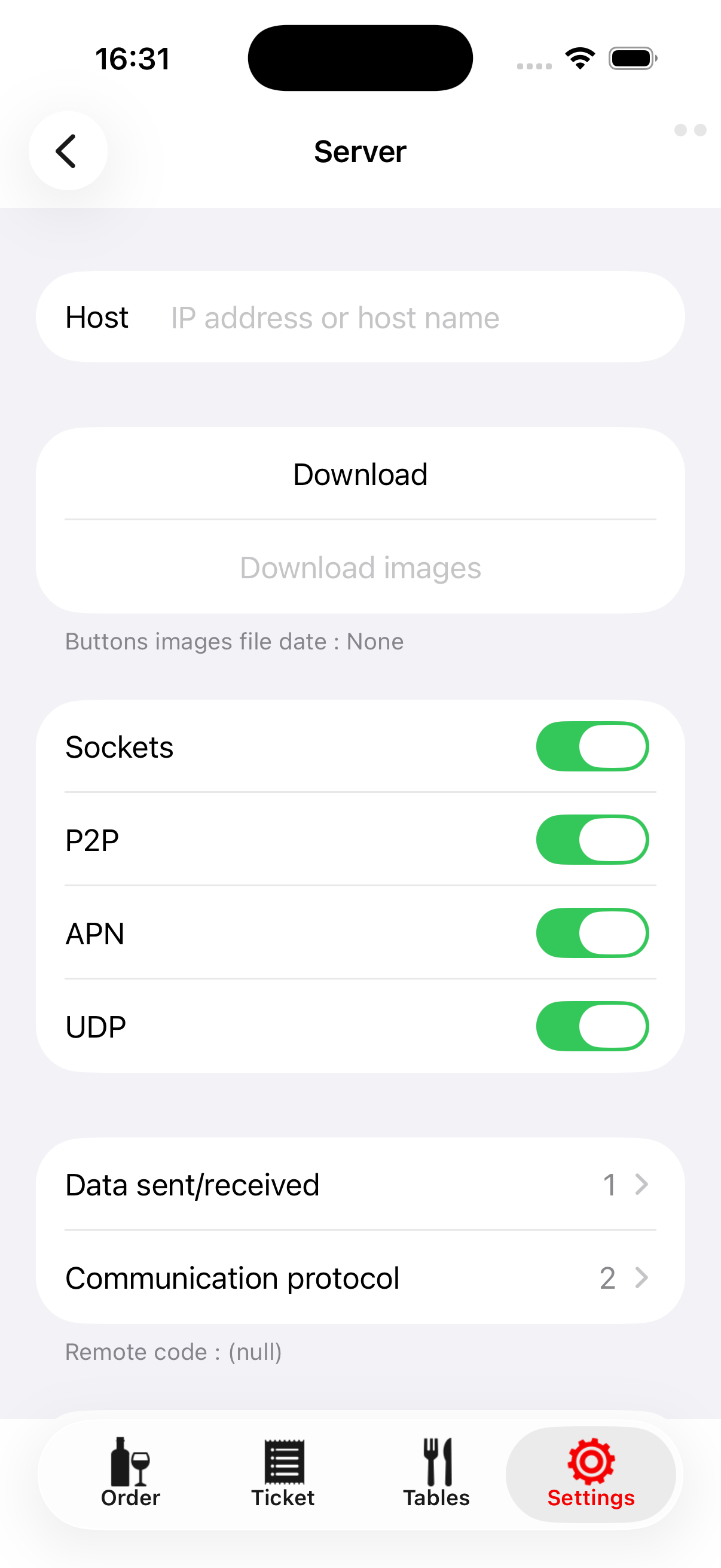 Remote Server screen with blank Host, Download, Download images, and communication switches.
