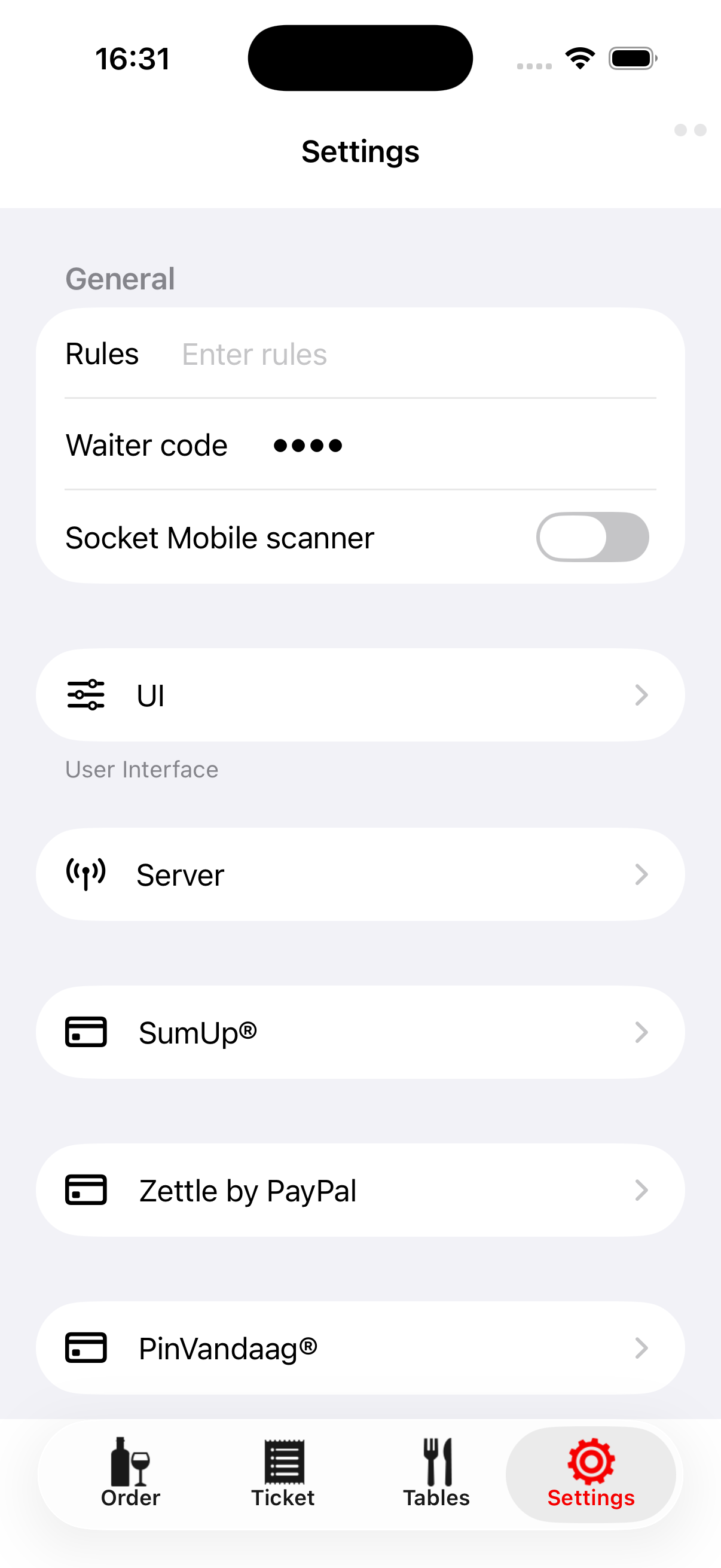 Remote Settings screen with UI, Server, and payment-provider settings.